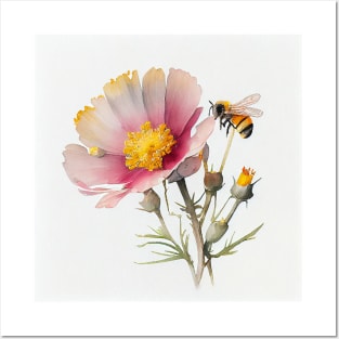 Watercolor of pink wildflower and single bumble bee Posters and Art